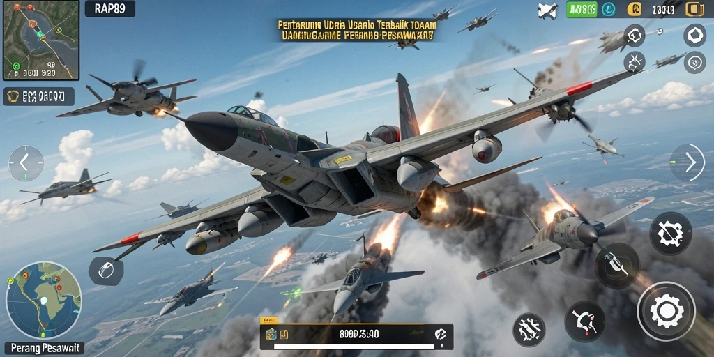 Tampilan antarmuka game Perang Pesawat yang menegangkan dan dinamis.